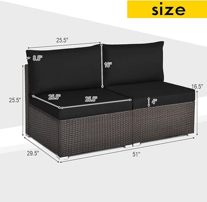 COSTWAY 2PCS PE Rattan Armless Sofa, Wicker Patio Conversation Set Chairs with Soft Cushion, Outdoor Sectional Furniture for Yard, Poolside (Black)