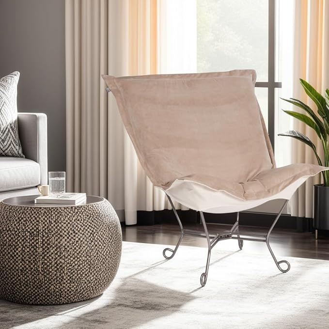 Howard Elliott Scroll Puff Rocker Seating Chair With Cover, Multipurpose Alternate Seating Butterfly Chair with Titanium Frame, Patio Furniture for Camping, Home, Indoor & Outdoor, Bella Sand