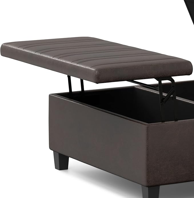 SIMPLIHOME Ellis 36 inch Wide Contemporary Square Coffee Table Storage Ottoman in Distressed Brown Vegan Faux Leather, Assembled, for The Living Room and Bedroom