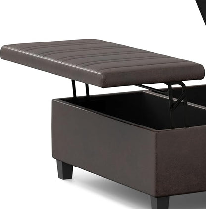 SIMPLIHOME Ellis 36 inch Wide Contemporary Square Coffee Table Storage Ottoman in Distressed Brown Vegan Faux Leather, Assembled, for The Living Room and Bedroom