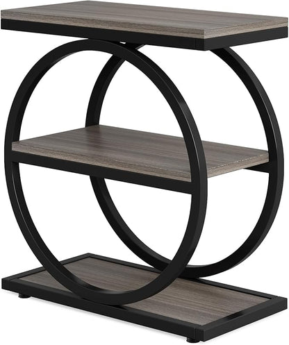 LITTLE TREE 3-Tier End Table, Grey Side End Table with Storage Shelves, Small Sofa Side Table for Living Room, Slim Nightstand and Bedside Table with Black Double Round Metal Legs