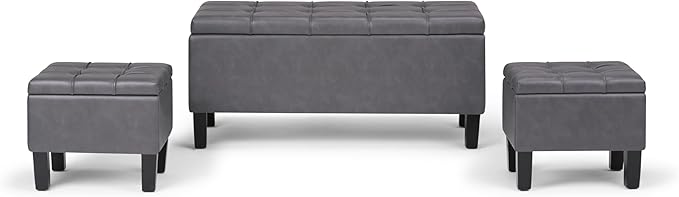 SIMPLIHOME Dover 44 inch Wide Contemporary Rectangle 3 Pc Storage Ottoman in Stone Grey Vegan Faux Leather, Assembled, for the Living Room, Entryway and Family Room