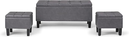 SIMPLIHOME Dover 44 inch Wide Contemporary Rectangle 3 Pc Storage Ottoman in Stone Grey Vegan Faux Leather, Assembled, for the Living Room, Entryway and Family Room