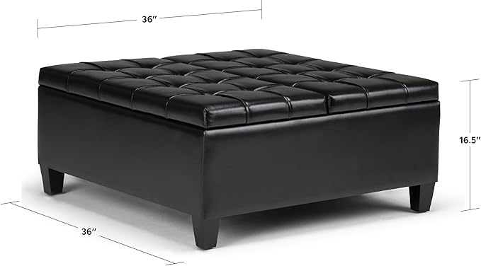 SIMPLIHOME Harrison 36 inch Wide Transitional Square Coffee Table Storage Ottoman in Midnight Black Vegan Faux Leather, Assembled, For the Living Room and Bedroom
