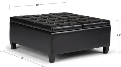 SIMPLIHOME Harrison 36 inch Wide Transitional Square Coffee Table Storage Ottoman in Midnight Black Vegan Faux Leather, Assembled, For the Living Room and Bedroom