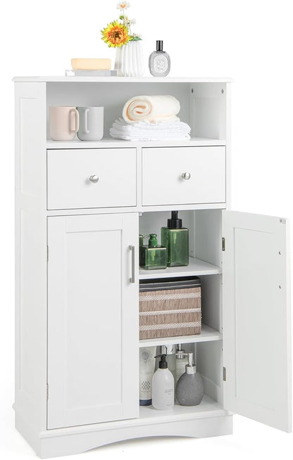 Tangkula Bathroom Cabinet, Floor Standing Storage Organizer w/2 Drawers & 2 Doors, 3-Position Adjustable Shelves, Anti-Toppling Design, Floor Cabinet for Bathroom (White, 2 Drawers & Cabinet)