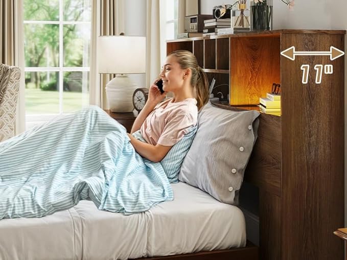 Apicizon 65" Queen Size Storage Headboard, Wood Headboard with Charging Station, Queen with Power Outlets, Ajustable LED Lights for Bedroom, Brown