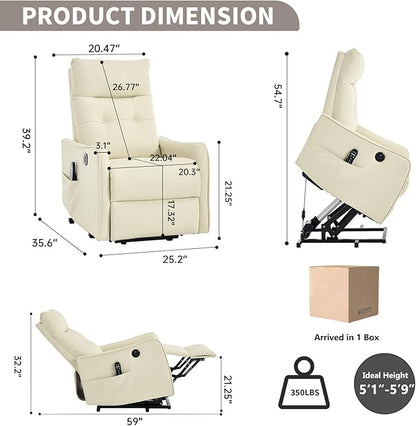 PELUMY Manual Lift Recliner Chair with Massage and Heat for Elderly, Single Motor Electric Lift Chair, Heavy Duty Recliner with USB Charging & Side Pockets (Breathable Leather, Beige)