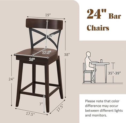 COSTWAY Swivel Bar Stool Set of 2, 24 Inch Ergonomic Counter Height Chairs with Open X Back & Footrest, 2PCS Vintage Wooden Barstools for Kitchen Island, Pub, Bistro, Café, Brown (2, 24 inch)