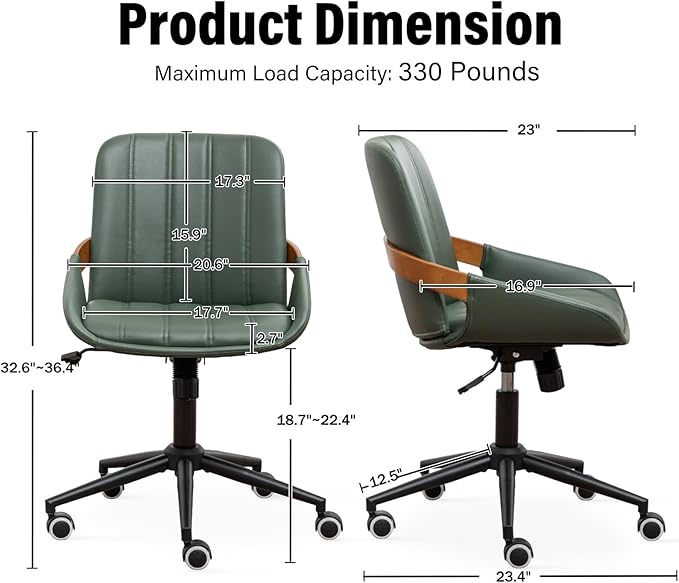 Small Home Office Chair No Arms,PU Leather Desk Chair with Wheels,Adjustable Height Work Chair,360° Swivel Computer Desk Chair for Office, Reading and Study (Green)