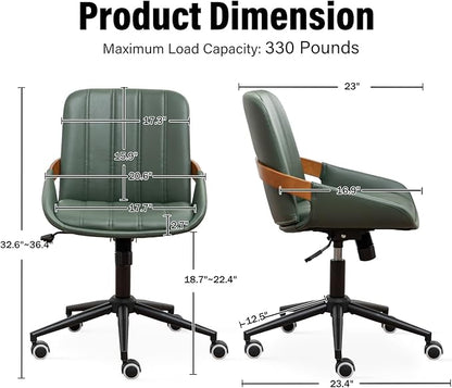 Small Home Office Chair No Arms,PU Leather Desk Chair with Wheels,Adjustable Height Work Chair,360° Swivel Computer Desk Chair for Office, Reading and Study (Green)