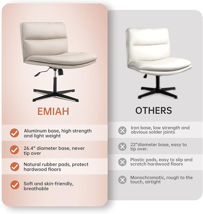 EMIAH Armless Office Desk Chair No Wheels PU-Padded Vanity Mid-Back Ergonomic Home Computer Comfortable Adjustable Swivel Task Chair with Thickened Cushion