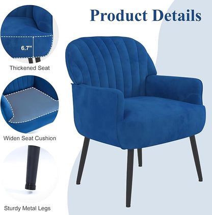 Velvet Accent Chair, Upholstered Modern Leisure Single Sofa Side Living Room Chair, Comfy Tufted Back Armchair with Metal Legs for Waiting Room/Bedroom/Office/Reading Room, Blue