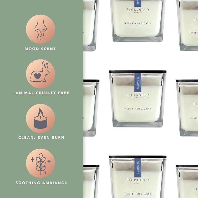 Pecksniff's Prestige 1 Wick Square Candle - Fresh Linen & Daisy Scent, 190g (6.7 oz) - Long-Lasting, Luxurious Fragrance Experience Home Décor