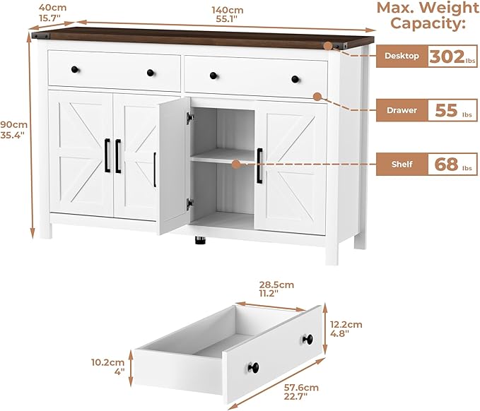 55" Sideboard Buffet Cabinet with Storage, Coffee Bar Cabinet with 2 Drawers and 4 Barn Doors, Long Storage Cabinet Modern Farmhouse, White Wood, for Kitchen, Dining Room, Living Room