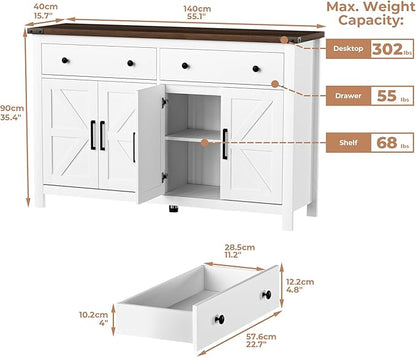 55" Sideboard Buffet Cabinet with Storage, Coffee Bar Cabinet with 2 Drawers and 4 Barn Doors, Long Storage Cabinet Modern Farmhouse, White Wood, for Kitchen, Dining Room, Living Room