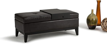 SIMPLIHOME Oregon 42 inch Wide Contemporary Rectangle Storage Ottoman Bench with Tray in Tanners Brown Vegan Faux Leather, Assembled, For the Living Room, Entryway and Family Room