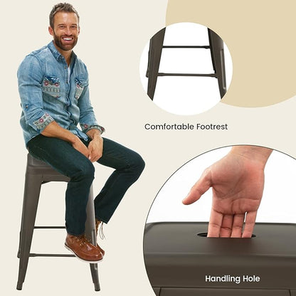 COSTWAY Bar Stools Set of 4, 24” Stackable Metal Stools with Square Seat & Handing Hole, X-shaped Reinforced Design, Comfortable Footrest, Backless Bar Chairs for Kitchen, Dining Room, Pub (Gun, 24‘’)