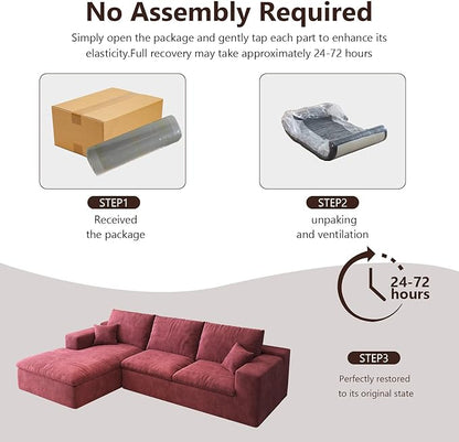107'' L-Shaped Modern Modular Sectional Cloud Couch, 4-Seat Chenille Deep-Seat Sofa with Pillow for Living Room, Bedroom, Apartment, Wine Red