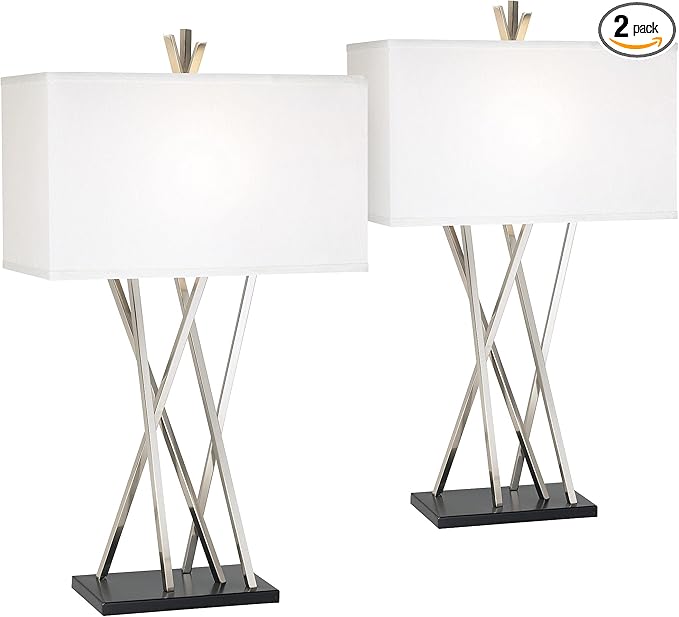 Possini Euro Design Asymmetry 30" Tall Large Modern End Table Lamps Set of 2 Silver Brushed Steel Finish Metal Linen White Shade Living Room Bedroom Bedside Nightstand House Office Home Reading