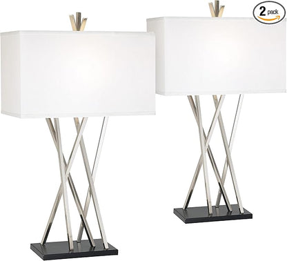 Possini Euro Design Asymmetry 30" Tall Large Modern End Table Lamps Set of 2 Silver Brushed Steel Finish Metal Linen White Shade Living Room Bedroom Bedside Nightstand House Office Home Reading