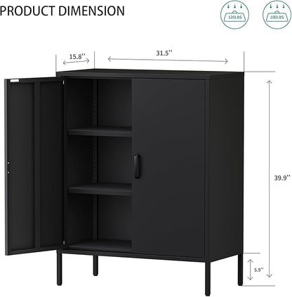 Metal Locker Storage Cabinet, Accent Sideboard Cabinet with Adjustable Shelves for Home Office, Garage, Kitchen, Living Room (Black, 40" H-Metal Doors)