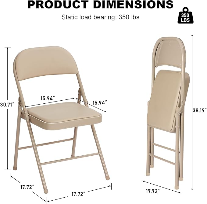30 Pack Khaki Folding Chairs with Padded Cushion for Outside, Portable Stackable Commercial Metal Foldable Chairs with Steel Frame for Home Events Office Wedding Party, 350lbs Capacity