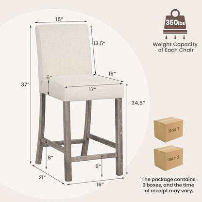 COSTWAY Upholstered Counter Height Stools Set of 4, Bar Stools w/Ergonomic Backrest, Solid Wood Frame, 24.5” Fabric Counter Height Chairs for Kitchen Island, Dining Room, Pub (Beige)