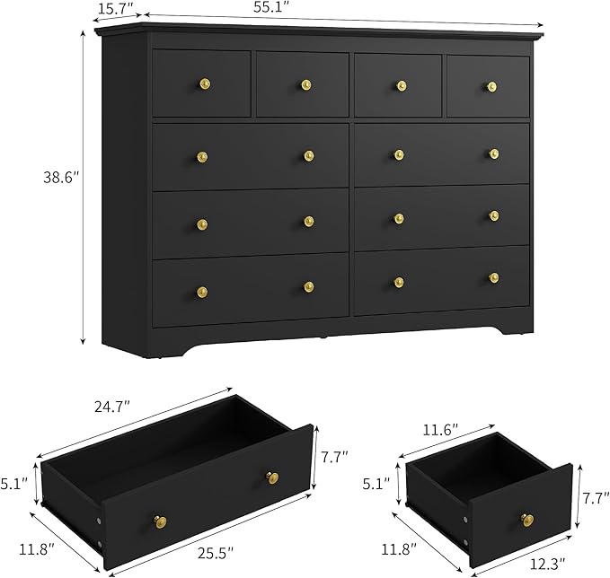 Black Dresser for Bedroom, 10 Drawer Dresser with Large Drawers, 55 Inch Wide Wood Chest for Living Room, Hallway