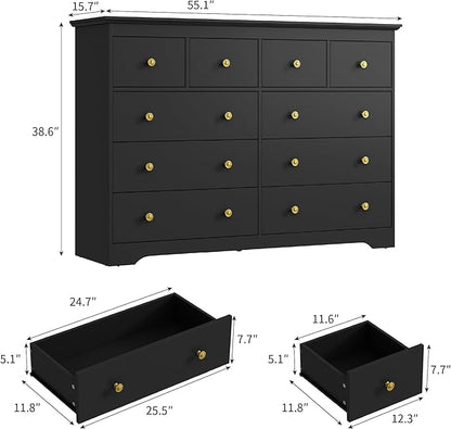 Black Dresser for Bedroom, 10 Drawer Dresser with Large Drawers, 55 Inch Wide Wood Chest for Living Room, Hallway