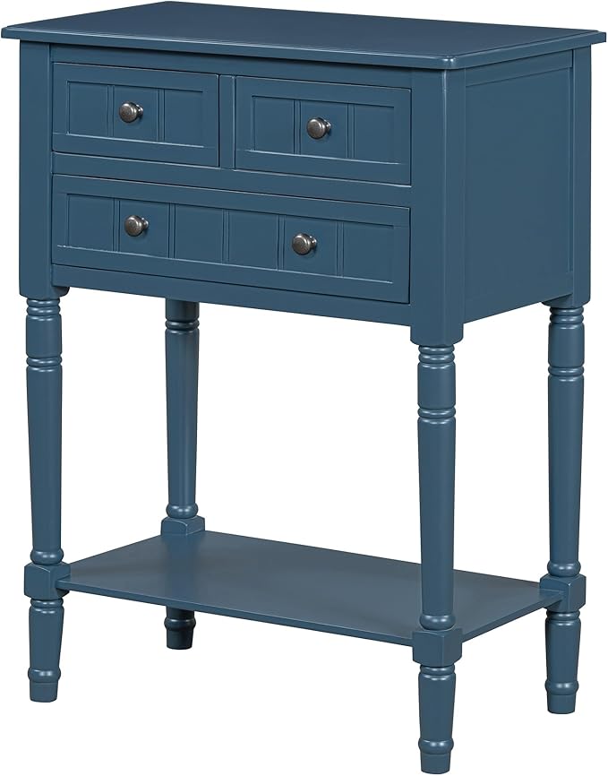Knocbel Slim Antique Entry Console Table with 3 Drawers & Bottom Open Shelf, Solid Wood Narrow Sofa Couch Table for Entryway Hallway Living Room 23.7" W x 13" D x 31.4" H Navy Blue