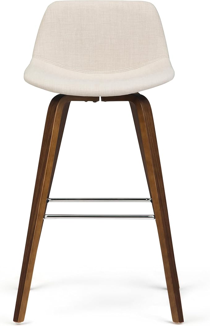 SIMPLIHOME Randolph Counter Stools (Set of 2) - 28 Inch Seat Height Upholstered Bentwood Kitchen Seats in Natural Linen Look Fabric, Mid Century Modern Seating with Curved Backrest and Chrome Footrest