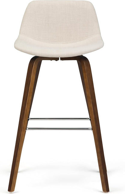 SIMPLIHOME Randolph Counter Stools (Set of 2) - 28 Inch Seat Height Upholstered Bentwood Kitchen Seats in Natural Linen Look Fabric, Mid Century Modern Seating with Curved Backrest and Chrome Footrest