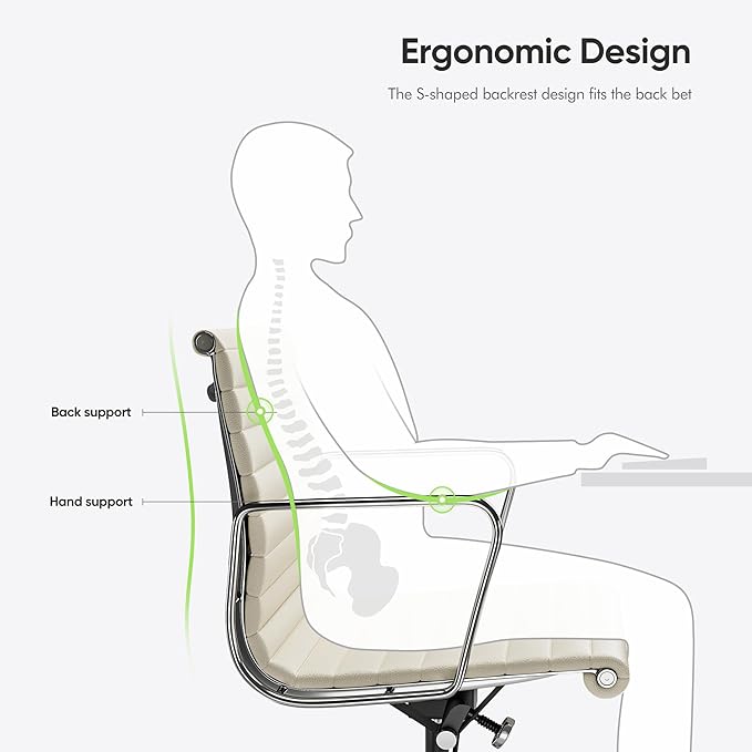 Ribbed Office Chair with Top Grain Leather - Mid Back Ergonomic Desk Chair with Aluminum Arms & Frame, Swivel Wheels & Tilt Function, Adjustable Height