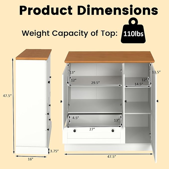 Giantex Buffet Cabinet with Storage, 47.5" Modern Kitchen Sideboard w/3 Doors, 2 Large Drawers, Removable Shelf, Accent Furniture for Coffee Bar Dining Living Room Entryway