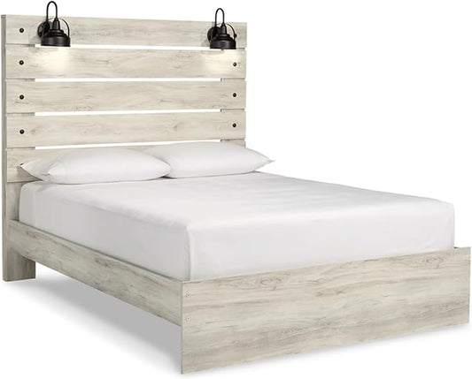 Signature Design by Ashley Cambeck Farmhouse Queen Panel Bed with LED Sconce Lights and USB Charging Ports, Open Slat Styling, Foundation or Box Spring Needed, Wood, Whitewash Finish