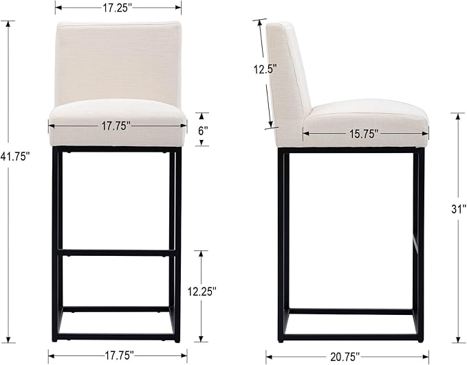 Counter Height Bar Stools Set of 4, Modern Metal Barstools 31 inch Seat Height Island Stools Linen Upholstered Farmhouse Bar Chairs with Back and Metal Legs, Beige