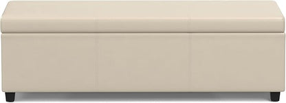 SIMPLIHOME Avalon 54 inch Wide Contemporary Rectangle Extra Large Storage Ottoman Bench in Satin Cream PU Faux Leather, Assembled, for The Living Room, Entryway and Family Room
