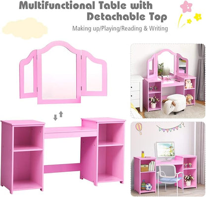 GOFLAME Kids Vanity Table, 2 in 1 Detachable Design with Dressing Table and Writing Desk, Princess Makeup Dressing Table with 4 Large Storage Shelves and 3-Panel Mirror for Kids and Girls (Pink)