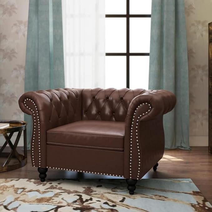 Living Room Chair, Modern Leather Chesterfield Sofa Chair, Mid Century Single Sofa Couch Chair with Tufted Back and Rolled Arms, Accent Sofa Chair for Living Room Apartment, Brown
