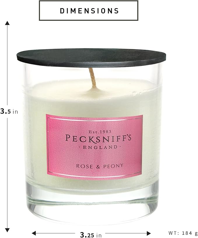 Pecksniffs White Scented Candle - Rose & Peony Fragrance Candles for Home Scented - Elegant Glass Vessel - 1 Wick Luxury Candles, 184g/6.49oz