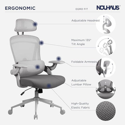 Nouhaus Ergo Fit Ergonomic Mesh Office Chair High Back Adjustable Lumbar Support Headrest and Adjustable Flip-up Armrests, Comfy Desk Chairs Swivel Computer Gaming Chair Tilt Function(N20, Grey)