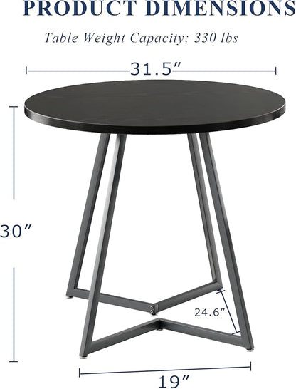 VECELO Round Dining Room Table with Wood Grain Tabletop and Steel Frame, for Kitchen, Living Room, Office, Conference, 2 to 4 Person, Black
