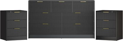 3-Piece Modern Bedroom Furniture Set, Wide 7-Drawer Dresser & 3-Drawer Nightstands Set of 2, Natural Wood Dresser and Nightstand Sets for Bedroom, Hallway, Black