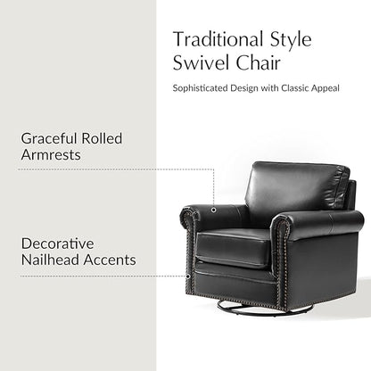 HULALA HOME Swivel Accent Chair Genuine Leather Barrel Rocker Chair with Metal Base Transitional Armchair Padded Round Armrest Set of 2, Black