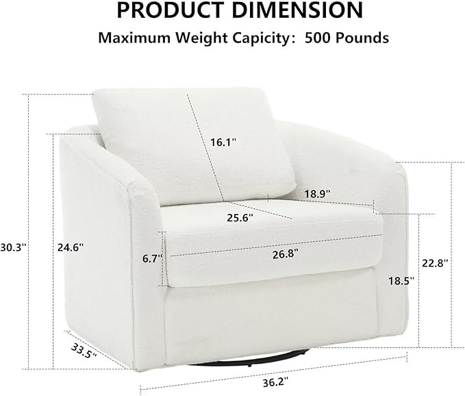 MINCETA Accent Chairs Set of 2, 360° Swivel Barrel Chair with High Density Foam, Oversized Reading Chair with Sherpa Teddy Upholstered Armchair for Living Room, Bedroom, Apartment White