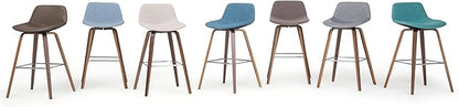 SIMPLIHOME Randolph Counter Stools (Set of 2) - 28 Inch Seat Height Upholstered Bentwood Kitchen Seats in Medium Blue Linen Look Fabric, Mid Century Modern Seating with Curved Backrest and Footrest