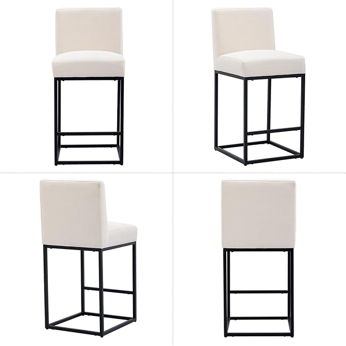 Counter Height Bar Stools Set of 4, Modern Metal Barstools 31 inch Seat Height Island Stools Linen Upholstered Farmhouse Bar Chairs with Back and Metal Legs, Beige