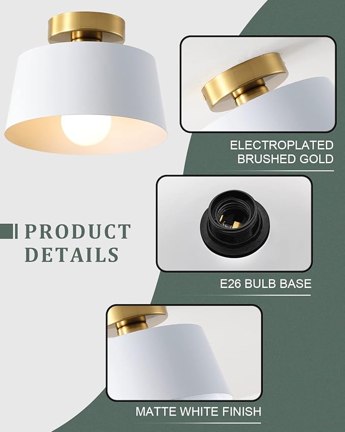 Ceiling Light Fixture, Hallway Ceiling Light with Gold Plate and White Shade, Modern Simple Style Porch Light Fixtures Semi Flush Mount (2 Pack White)
