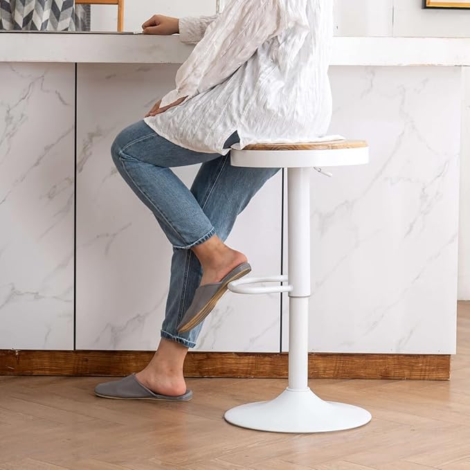 Kidol & Shellder Bar Stools Set of 2 Round Adjustable Swivel Barstools Modern Backless Bar Chairs Wooden Seat Counter Height Stools Armless for Kitchen Island, Cafe, Dining Room White